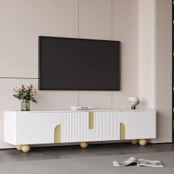 Meuble TV 4 Portes avec Rangement, Surface Effet Marbre et Pieds Sphériques, MDF et Panneaux de Particules, Blanc, 180x40x44 cm