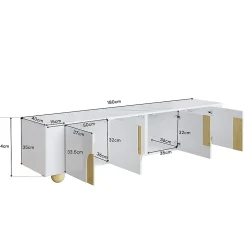 Meuble TV 4 Portes avec Rangement, Surface Effet Marbre et Pieds Sphériques, MDF et Panneaux de Particules, Blanc, 180x40x44 cm