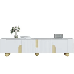 Meuble TV 4 Portes avec Rangement, Surface Effet Marbre et Pieds Sphériques, MDF et Panneaux de Particules, Blanc, 180x40x44 cm