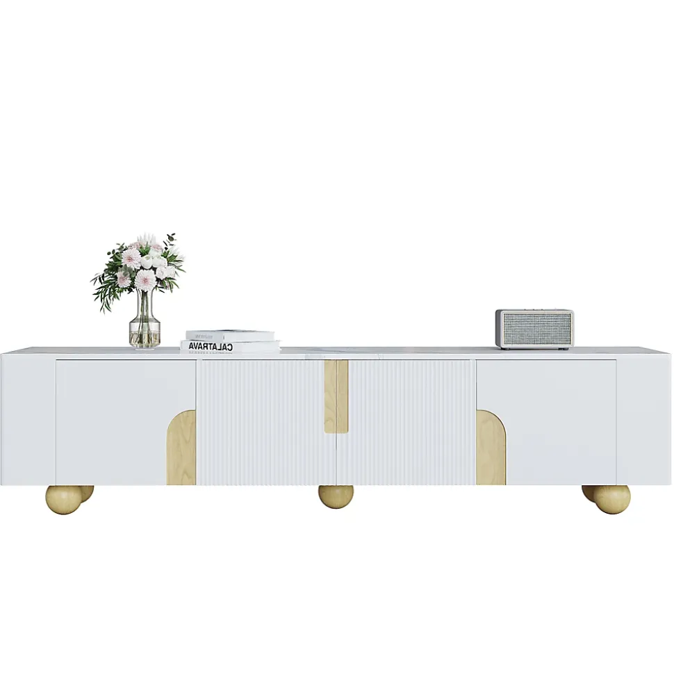 Meuble TV 4 Portes avec Rangement, Surface Effet Marbre et Pieds Sphériques, MDF et Panneaux de Particules, Blanc, 180x40x44 cm
