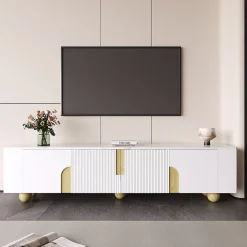 Meuble TV 4 Portes avec Rangement, Surface Effet Marbre et Pieds Sphériques, MDF et Panneaux de Particules, Blanc, 180x40x44 cm