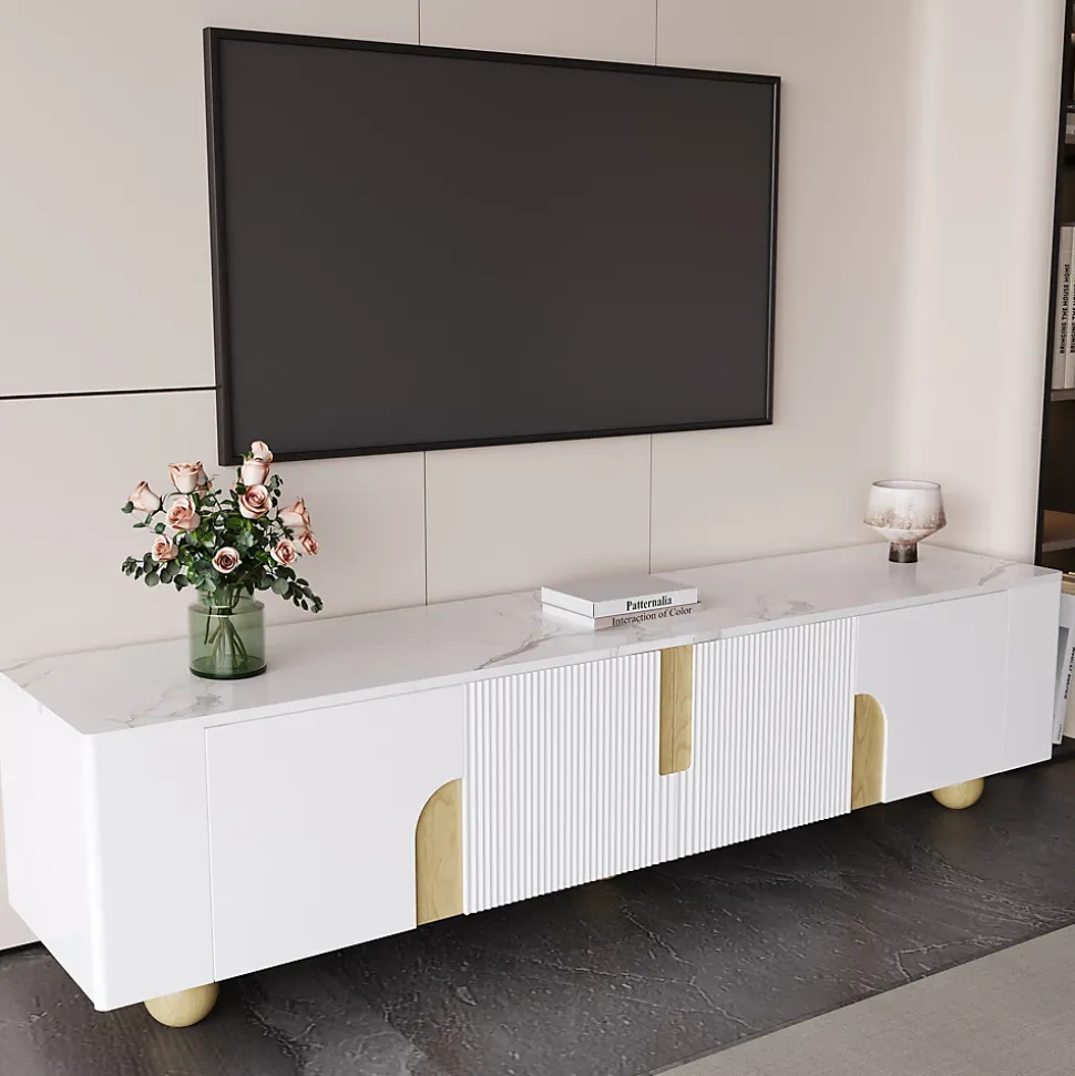 Meuble TV 4 Portes avec Rangement, Surface Effet Marbre et Pieds Sphériques, MDF et Panneaux de Particules, Blanc, 180x40x44 cm