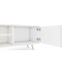 Meuble TV 3 portes blanc LED 175 cm pieds dorés BELLO