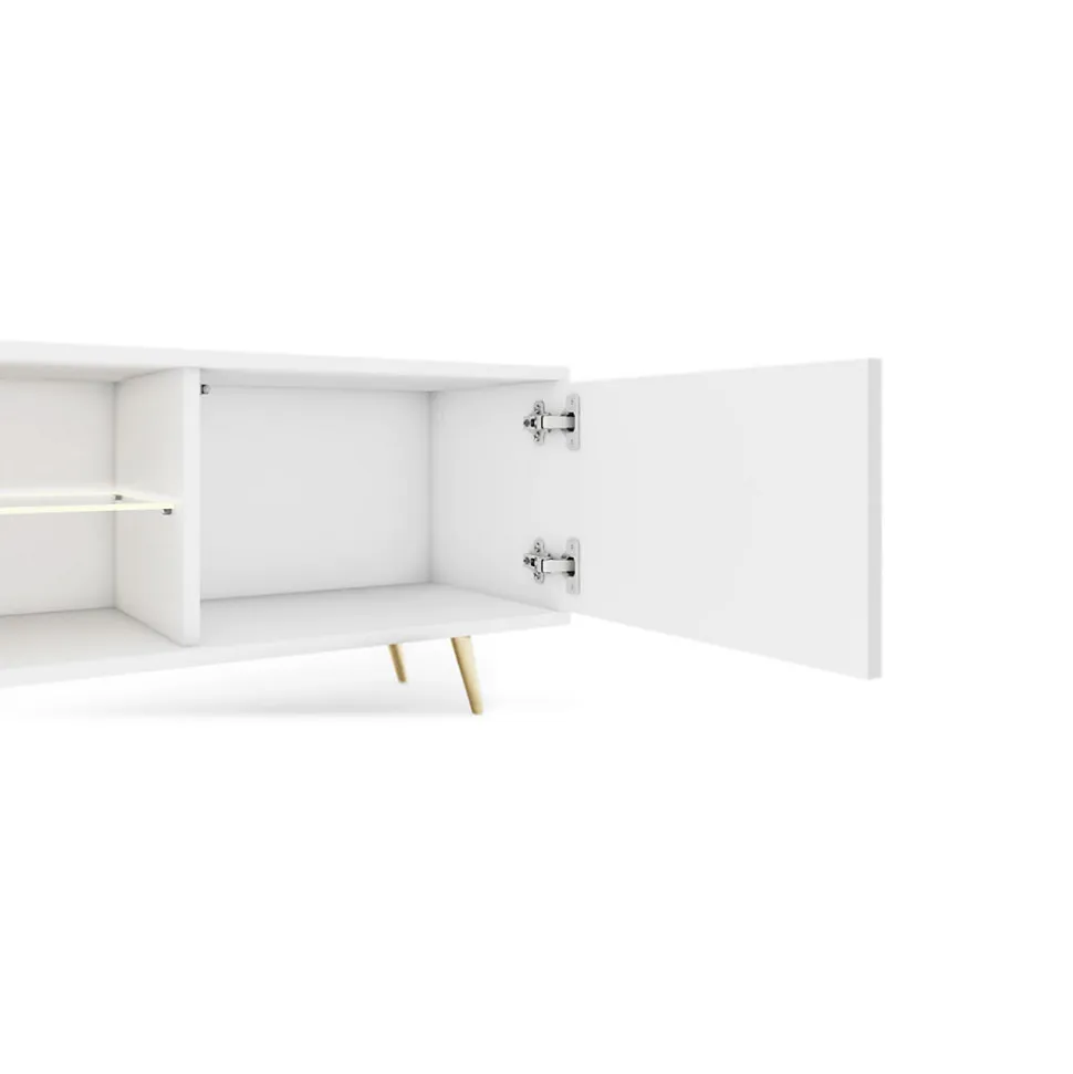Meuble TV 3 portes blanc LED 175 cm pieds dorés BELLO