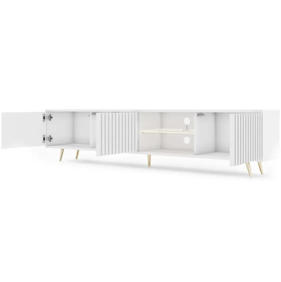 Meuble TV 3 portes blanc LED 175 cm pieds dorés BELLO