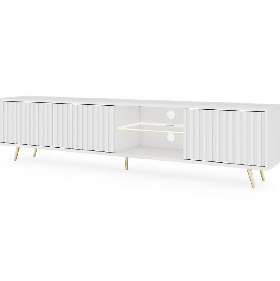 Meuble TV 3 portes blanc LED 175 cm pieds dorés BELLO