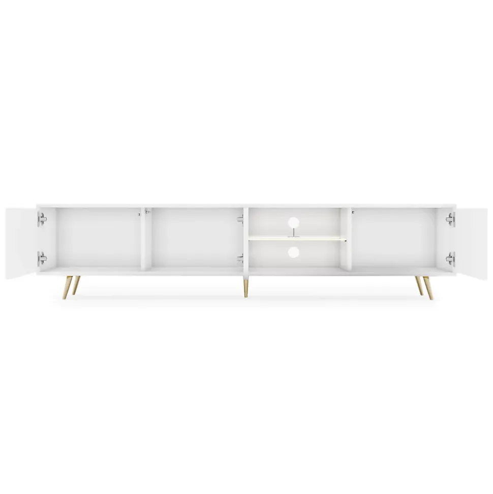 Meuble TV 3 portes blanc LED 175 cm pieds dorés BELLO