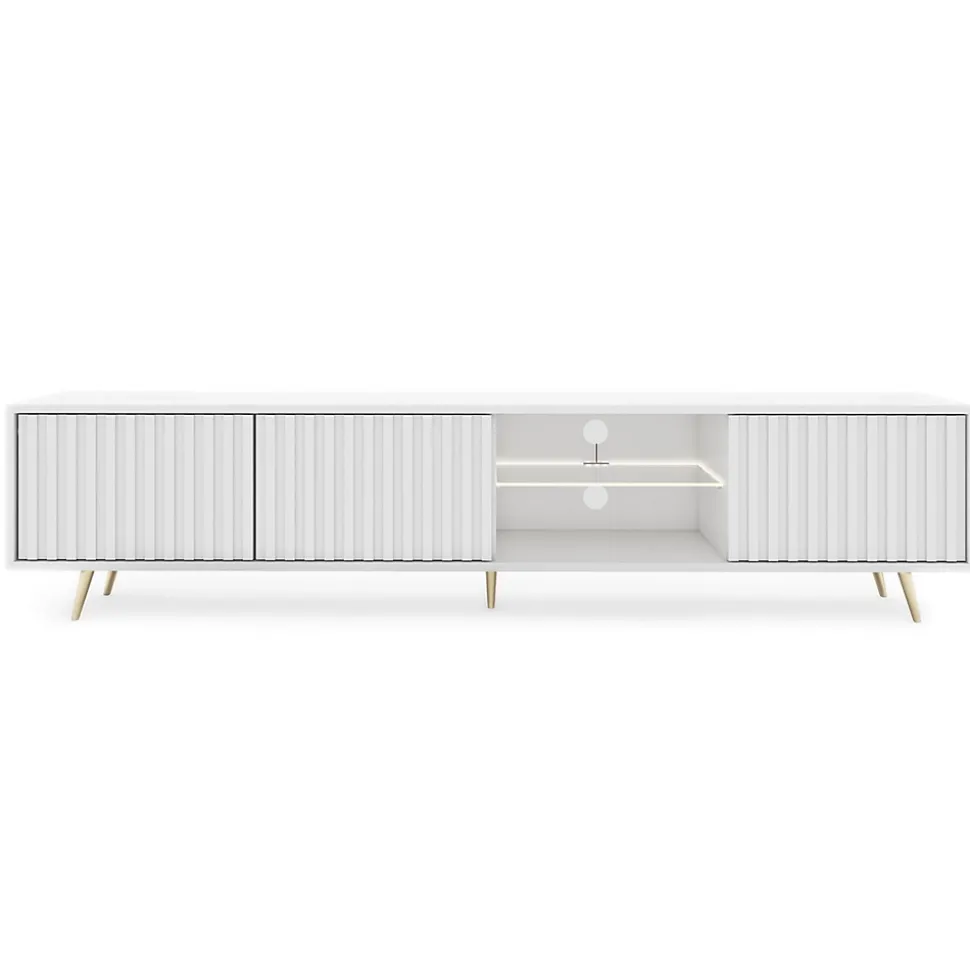 Meuble TV 3 portes blanc LED 175 cm pieds dorés BELLO