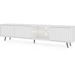 Meuble TV 3 portes blanc mat LED 175 cm pieds noirs BELLO