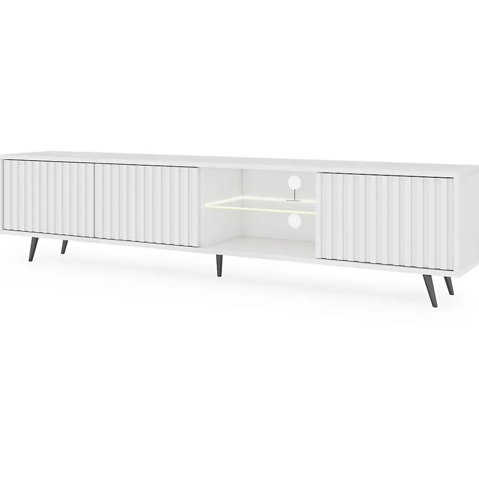 Meuble TV 3 portes blanc mat LED 175 cm pieds noirs BELLO