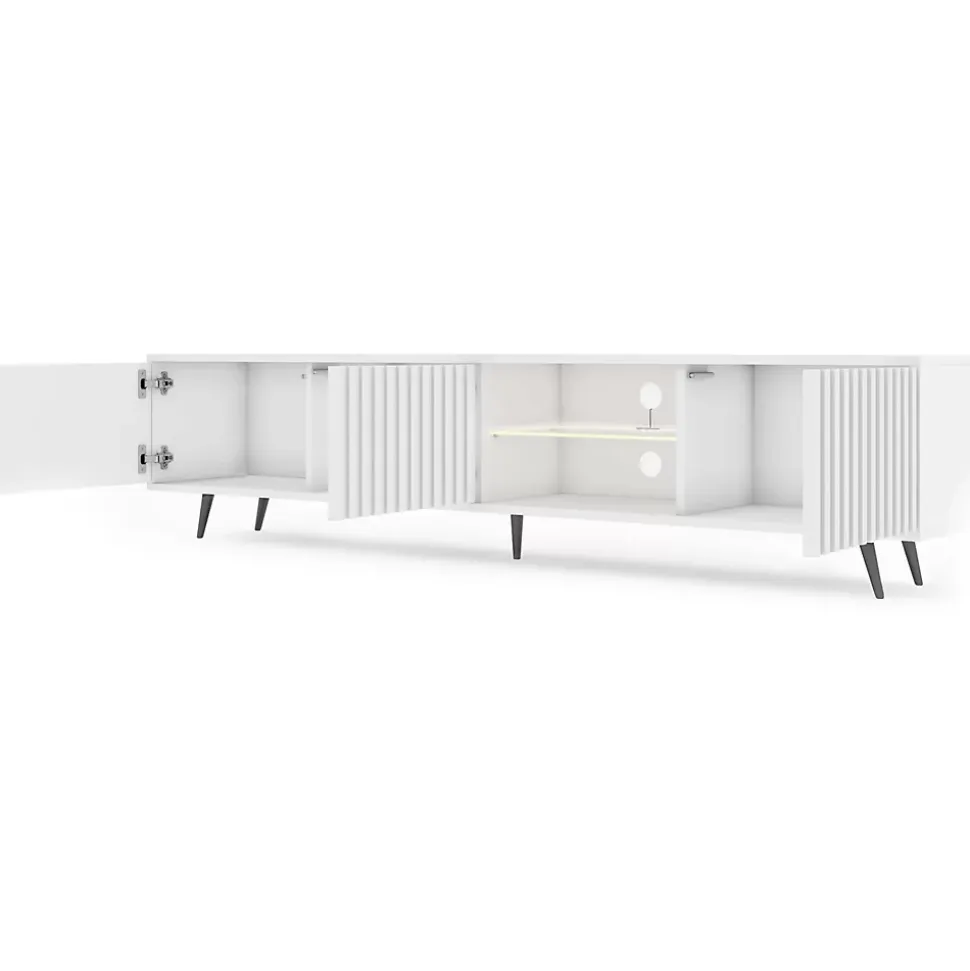 Meuble TV 3 portes blanc mat LED 175 cm pieds noirs BELLO