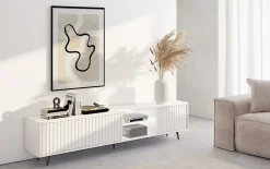 Meuble TV 3 portes blanc mat LED 175 cm pieds noirs BELLO