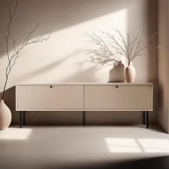 Meuble TV 2 portes en acier et MDF décor mélaminé 150 cm beige Oviala