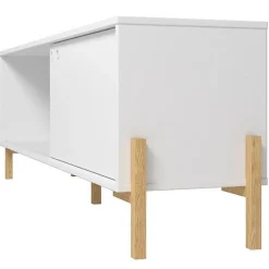 Meuble TV 65 Pouces Blanc 1 Porte Coulissante 2 Niches - L 140 x l 35 x H 49.5 cm