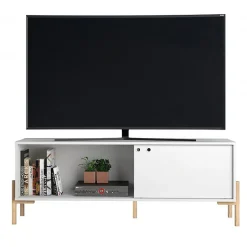 Meuble TV 65 Pouces Blanc 1 Porte Coulissante 2 Niches - L 140 x l 35 x H 49.5 cm