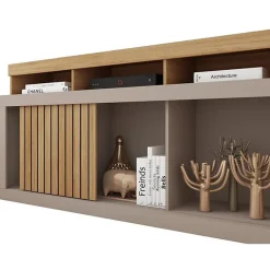 Meuble TV 55 Pouces Chêne et Gris 1 Porte 6 Roulettes L 136 H 74 P 39 cm - L 136 x l 39 x H 74 cm