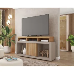 Meuble TV 55 Pouces Chêne et Gris 1 Porte 6 Roulettes L 136 H 74 P 39 cm - L 136 x l 39 x H 74 cm