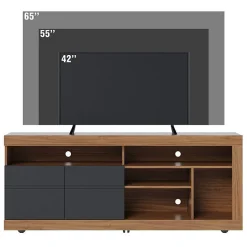 Meuble TV 65 Pouces Chêne et Anthracite 2 Portes 6 Niches Roulettes L 160 H 68 P 37.4 cm - L 160 x l 37.4 x H 68 cm
