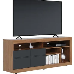 Meuble TV 65 Pouces Chêne et Anthracite 2 Portes 6 Niches Roulettes L 160 H 68 P 37.4 cm - L 160 x l 37.4 x H 68 cm