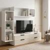 Meuble TV 4 tiroirs blanc et effet chêne GoodHome Atomia H. 150 x L. 225 x P. 37 cm