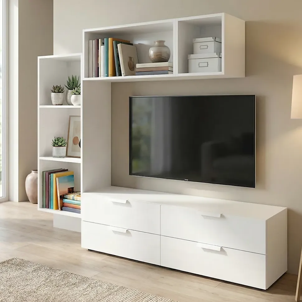 Meuble TV 4 tiroirs blanc GoodHome Atomia H. 150 x L. 225 x P. 37 cm