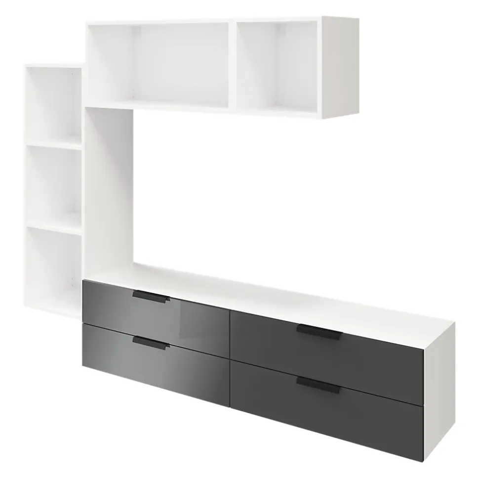 Meuble TV 4 tiroirs blanc et anthracite brillant GoodHome Atomia H. 150 x L. 225 x P. 37 cm