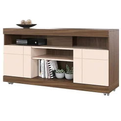 Meuble TV - YARA - 47 Pouces - Imitation Noyer et Blanc - 2 Portes - 5 Niches - 6 Roulettes