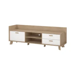 Meuble TV Agathis, Buffet de salon, Armoire basse pour TV, Base murale de rangement, 182x51 h62 cm, Chêne clair et Blanc