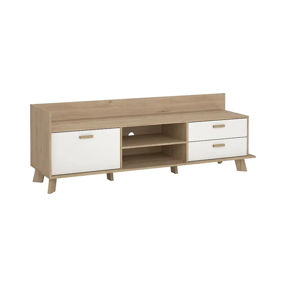 Meuble TV Agathis, Buffet de salon, Armoire basse pour TV, Base murale de rangement, 182x51 h62 cm, Chêne clair et Blanc
