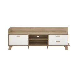 Meuble TV Agathis, Buffet de salon, Armoire basse pour TV, Base murale de rangement, 182x51 h62 cm, Chêne clair et Blanc