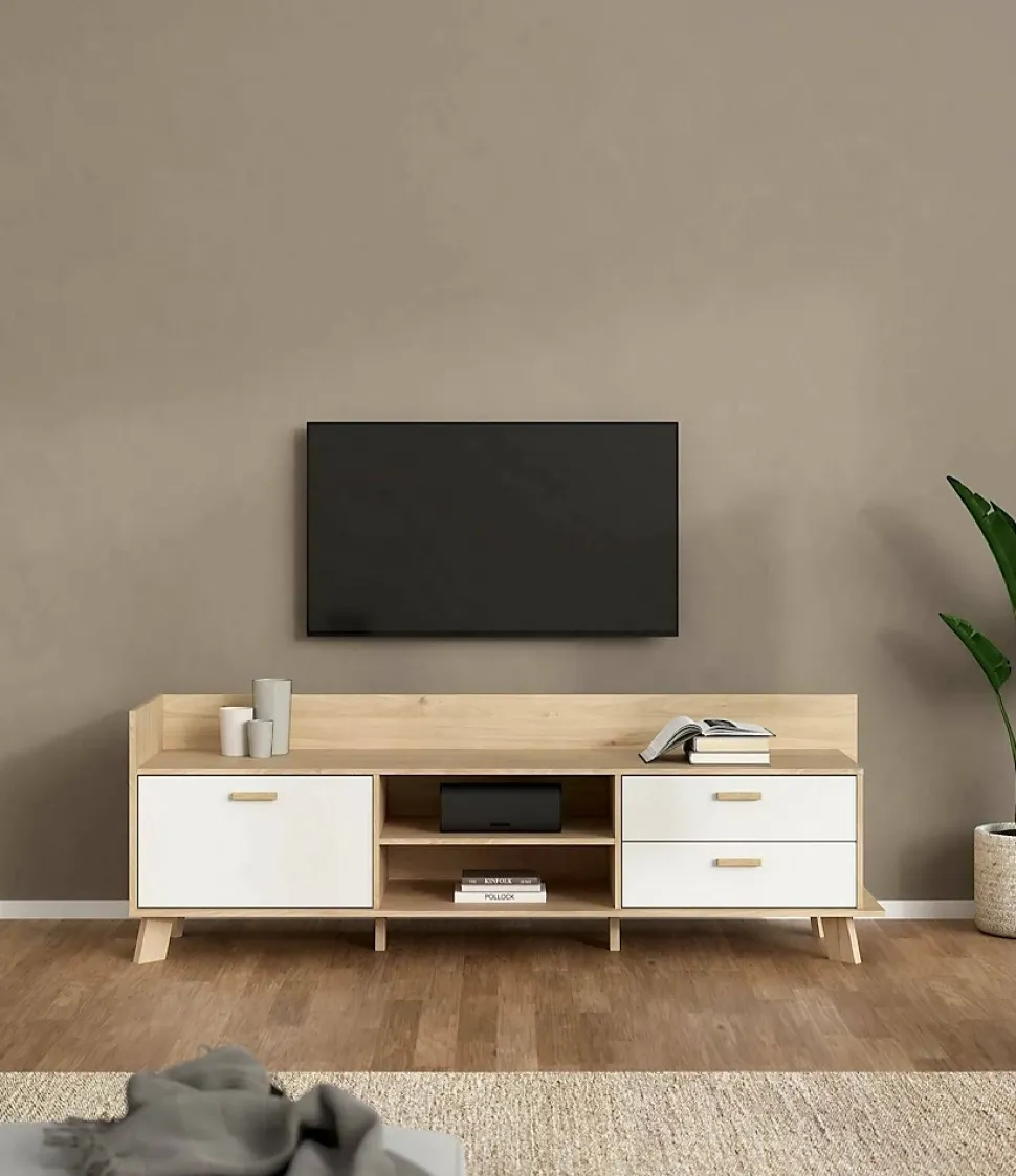 Meuble TV Agathis, Buffet de salon, Armoire basse pour TV, Base murale de rangement, 182x51 h62 cm, Chêne clair et Blanc