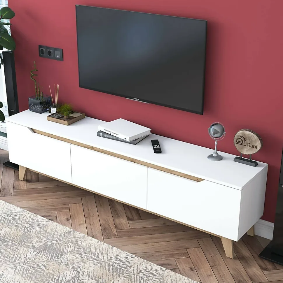 Meuble TV Apatite, Buffet de salon, Armoire basse pour TV, Base murale de rangement, 180x35h49 cm, Blanc et Noyer