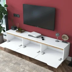 Meuble TV Apatite, Buffet de salon, Armoire basse pour TV, Base murale de rangement, 180x35h49 cm, Blanc et Noyer