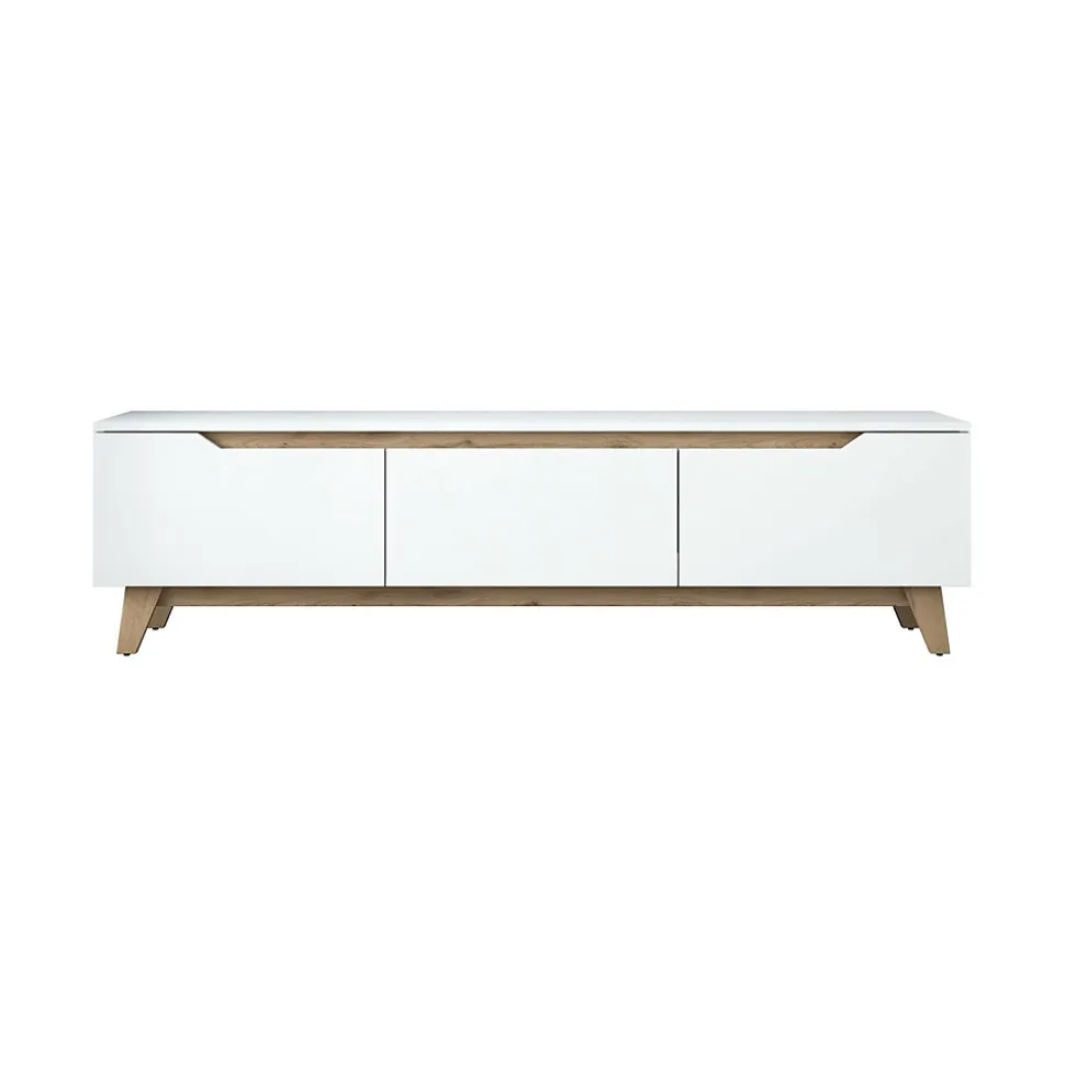 Meuble TV Apatite, Buffet de salon, Armoire basse pour TV, Base murale de rangement, 180x35h49 cm, Blanc et Noyer