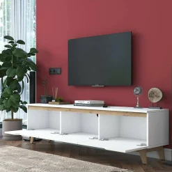 Meuble TV Apatite, Buffet de salon, Armoire basse pour TV, Base murale de rangement, 180x35h49 cm, Blanc et Noyer