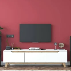 Meuble TV Apatite, Buffet de salon, Armoire basse pour TV, Base murale de rangement, 180x35h49 cm, Blanc et Noyer