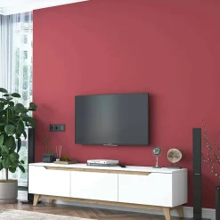 Meuble TV Apatite, Buffet de salon, Armoire basse pour TV, Base murale de rangement, 180x35h49 cm, Blanc et Noyer