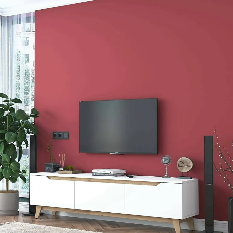 Meuble TV Apatite, Buffet de salon, Armoire basse pour TV, Base murale de rangement, 180x35h49 cm, Blanc et Noyer