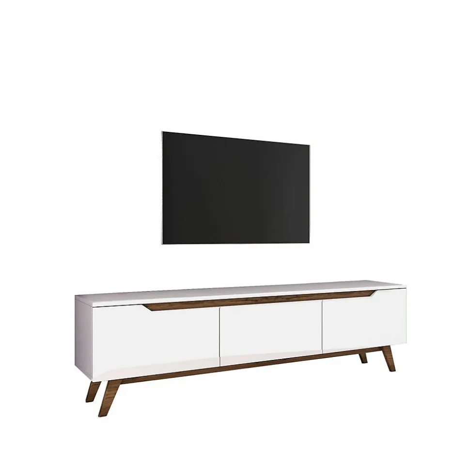 Meuble TV Apatite, Buffet de salon, Armoire basse pour TV, Base murale de rangement, 180x35h49 cm, Blanc et Noyer