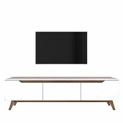 Meuble TV Apatite, Buffet de salon, Armoire basse pour TV, Base murale de rangement, 180x35h49 cm, Blanc et Noyer