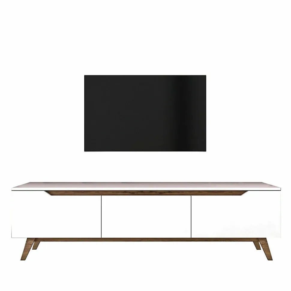 Meuble TV Apatite, Buffet de salon, Armoire basse pour TV, Base murale de rangement, 180x35h49 cm, Blanc et Noyer