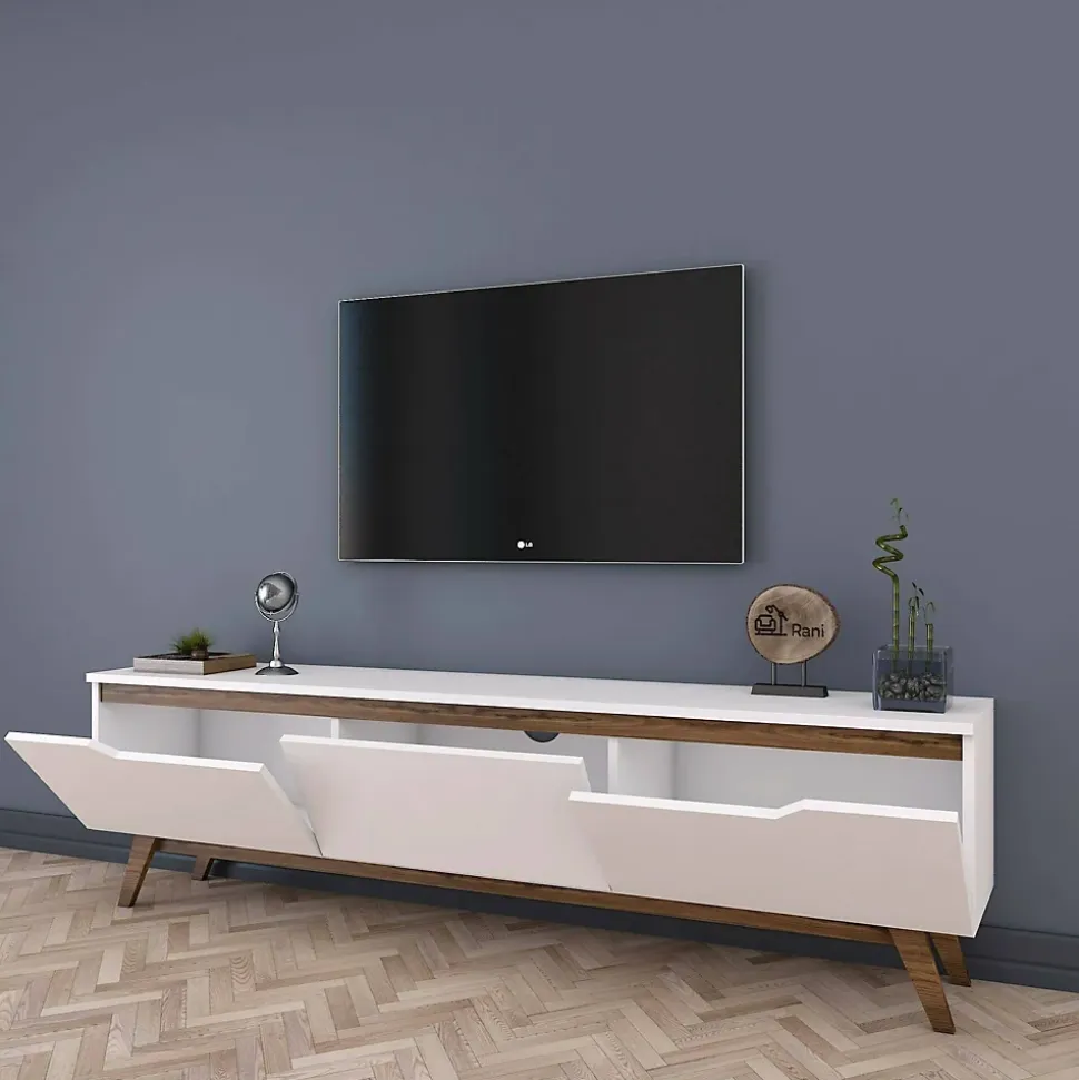 Meuble TV Apatite, Buffet de salon, Armoire basse pour TV, Base murale de rangement, 180x35h49 cm, Blanc et Noyer