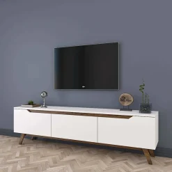 Meuble TV Apatite, Buffet de salon, Armoire basse pour TV, Base murale de rangement, 180x35h49 cm, Blanc et Noyer