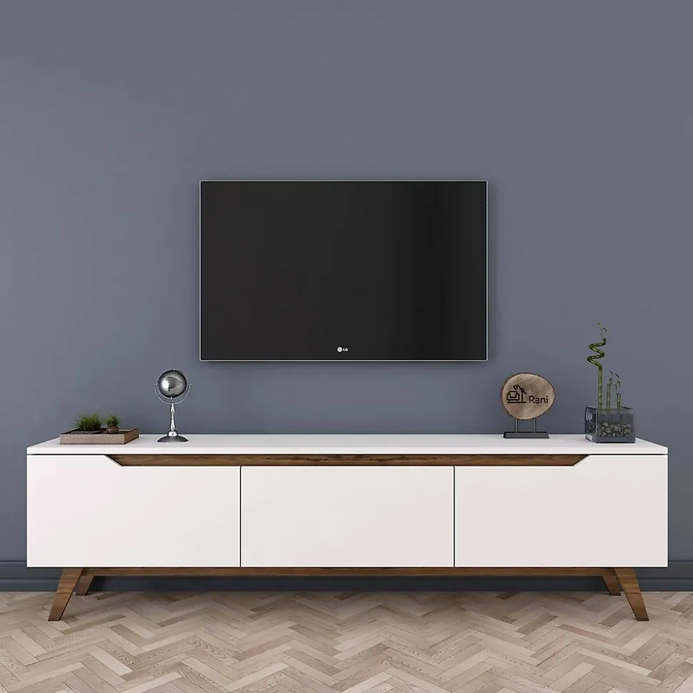 Meuble TV Apatite, Buffet de salon, Armoire basse pour TV, Base murale de rangement, 180x35h49 cm, Blanc et Noyer