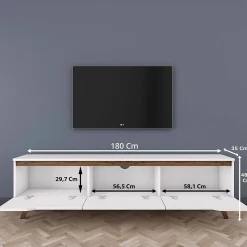 Meuble TV Apatite, Buffet de salon, Armoire basse pour TV, Base murale de rangement, 180x35h49 cm, Blanc et Noyer