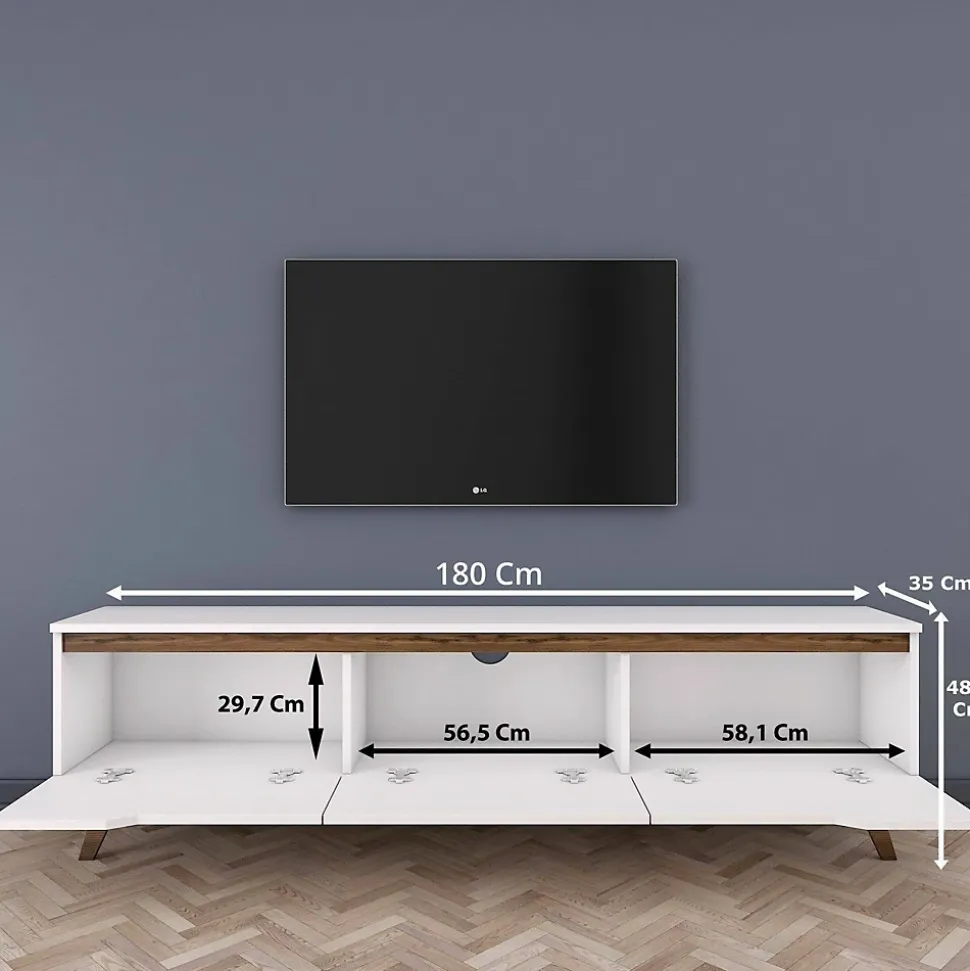 Meuble TV Apatite, Buffet de salon, Armoire basse pour TV, Base murale de rangement, 180x35h49 cm, Blanc et Noyer