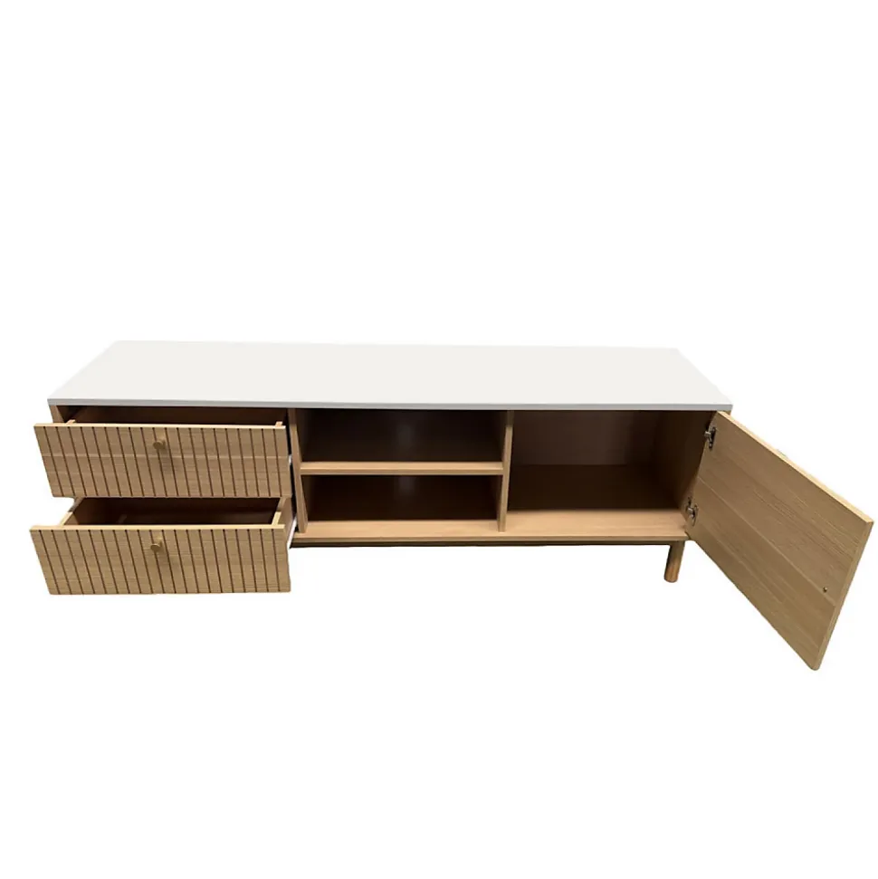 Meuble TV aspect bois rainuré et blanc avec tiroirs et placard 150cm - TRIX