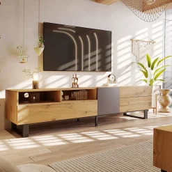 Meuble TV avec 2 Compartiments ouverts et 2 Tiroirs - MDF et Métal - 180x38x50 cm - Naturel