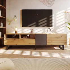 Meuble TV avec 2 Compartiments ouverts et 2 Tiroirs - MDF et Métal - 180x38x50 cm - Naturel