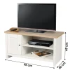 Meuble TV avec 2 niches et 1 porte design colonial 95x40xH49 cm, coloris blanc et plateau chene clair Collection MADERA